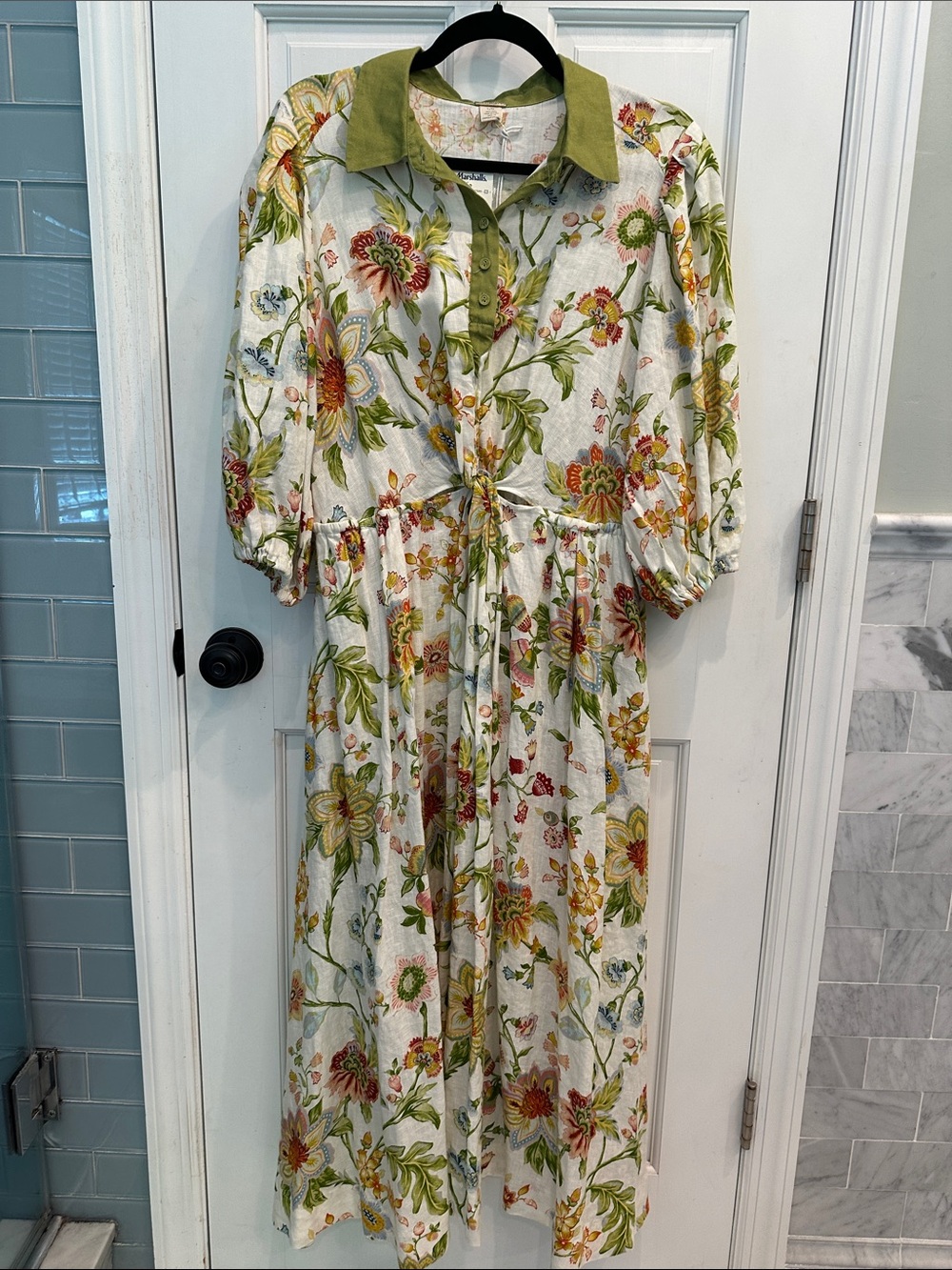 Floral 100% linen   Midi Shirt Dress with Olive Collar